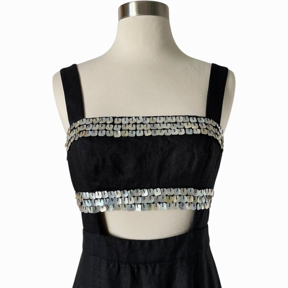 STAUD Mickey Dress 2 Black Linen Sequin Cutout Maxi Dress Evening - Picture 4 of 10